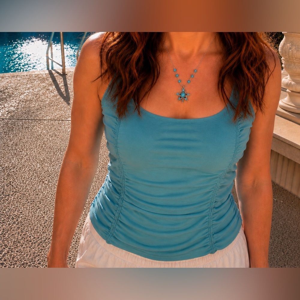 Sundance Shirred Teal Ruched Stretch Tank EUC